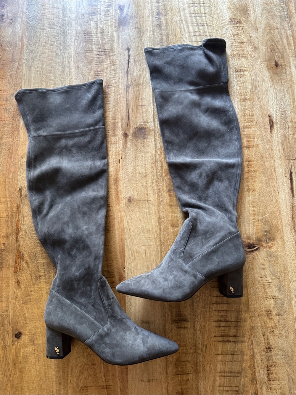 Kurt Geiger Leather Gray Suede Over-the-Knee Pointed Toe Block heel Boots NEW